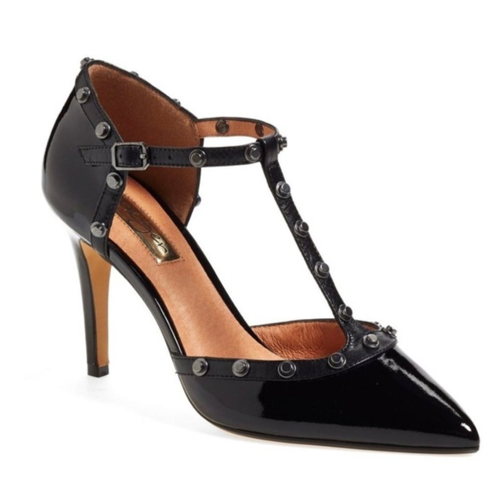Halogen Martine Black Patent Leather Studded T-Strap Pumps 8.5